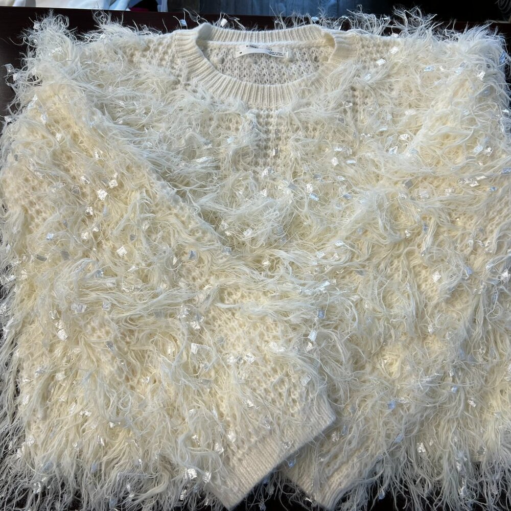 Anthropologie Ivory Fringe Sequin Sweater